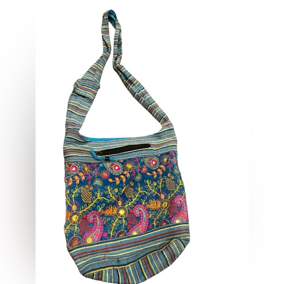 Handbags - Boho Blue vibrant colorful embroidered cotton sling hobo bag